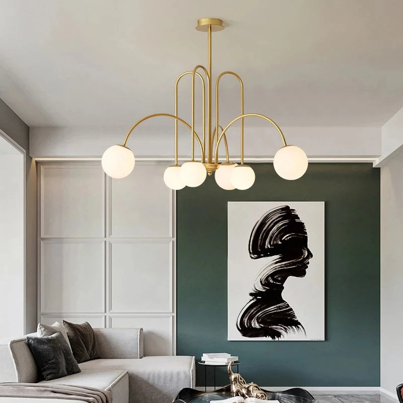 Lustre Orbolla | Lustre en Verre Opale Givré avec Globes, Métal Noir ou Doré - LUSTRINA